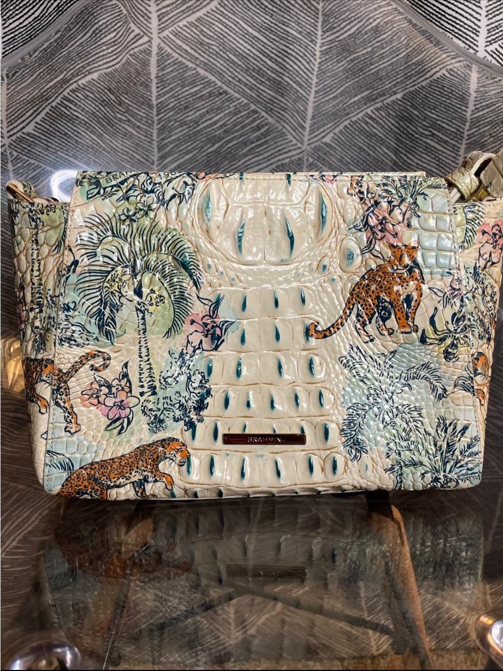 Brahmin Cream Tropical Croc-Embossed Crossbody with Teal & Orange Accents - Picture 9 of 11